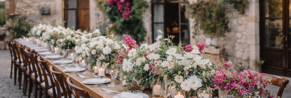 Allestimento floreale per matrimonio in Sicilia con lungo tavolo in legno, rose bianche, verde naturale e bouganville in una villa in pietra.