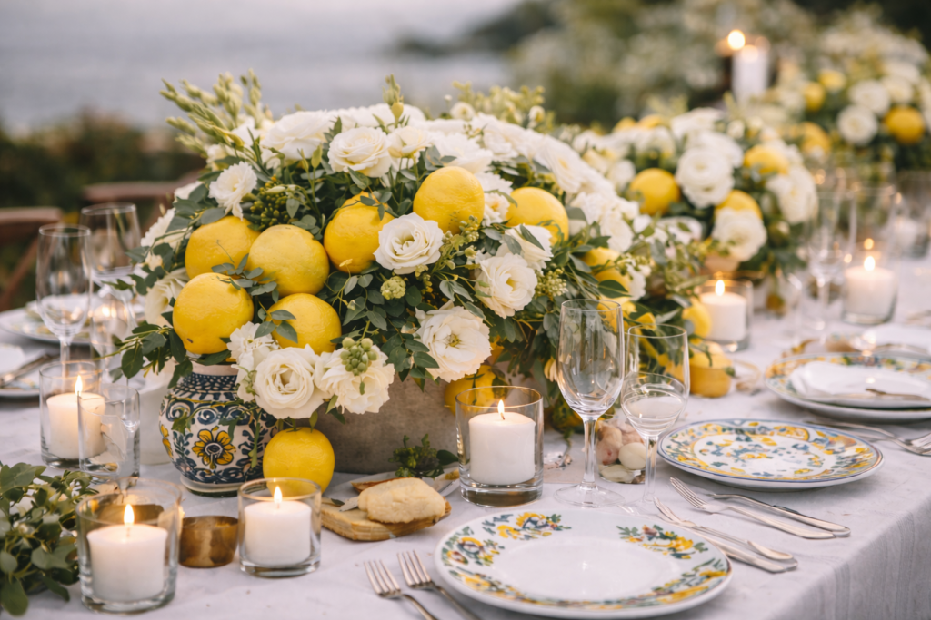 Centrotavola per matrimonio in Sicilia con limoni freschi, rose bianche e ceramiche siciliane su tavola elegante all’aperto.